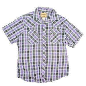 Wrangler Western Purple‎ Check Pearl Snap Button Short Sleeve Shirt Men's Size L